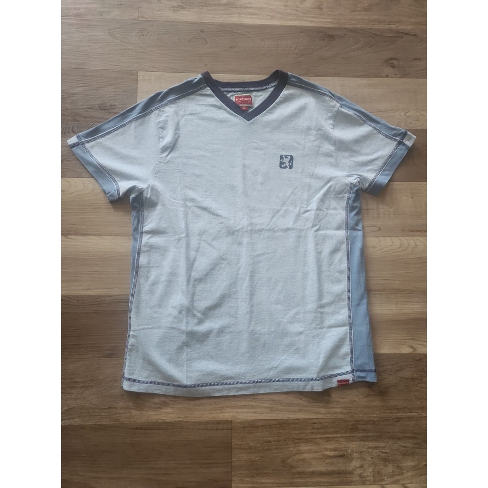 Vintage Hilfiger Denim Red Label Blue V-Neck T-Shirt Made In Egypt 100% Cotton